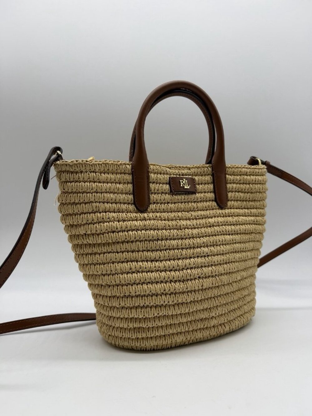 RALPH LAUREN Brie woven straw leather trim small tote shoulder bag -Natural - Picture 8 of 13
